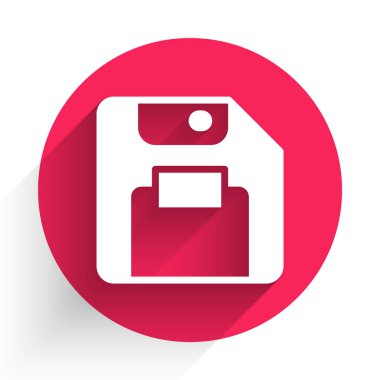 Bilgisayar veri depolama simgesi için uzun gölgeli beyaz disket. Disket işareti. Kırmızı daire düğmesi. Vektör