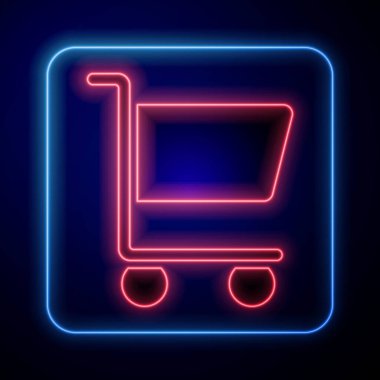 Parlayan neon alışveriş arabası simgesi siyah arka planda izole edildi. İnternetten satın alma konsepti. Servis tabelası. Süpermarket sepeti sembolü. Vektör