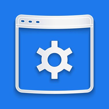 Kağıt kesme Tarayıcı ayarı simgesi mavi arkaplanda izole edildi. Ayarlama, servis, bakım, onarım, onarım. Kağıt sanatı tarzı. Vektör