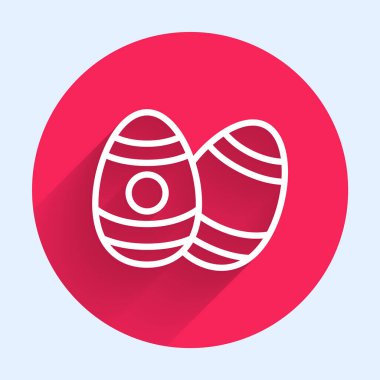 Beyaz çizgili Paskalya yumurtası ikonu uzun gölgeli. Mutlu Paskalyalar. Kırmızı daire düğmesi. Vektör