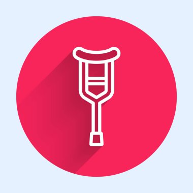 Uzun gölgeli beyaz çizgi ya da koltuk değnekleri simgesi. Kas iskeleti hastalığı olan insanların rehabilitasyonu için gerekli ekipman. Kırmızı daire düğmesi. Vektör