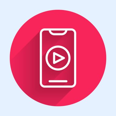 White Line Online video simgesi uzun gölgeyle izole edildi. Akıllı telefon ve üzerinde oyun işareti olan film şeridi. Kırmızı daire düğmesi. Vektör