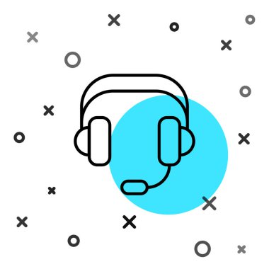 Siyah çizgi kulaklık simgesi beyaz arkaplanda izole edildi. Kulaklıklar. Müzik, hizmet, iletişim ve operatör konsepti. Rastgele dinamik şekiller. Vektör