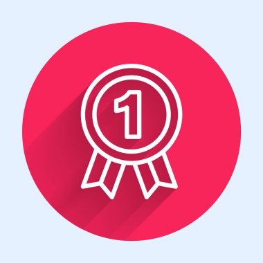 Beyaz çizgi madalya ikonu uzun gölge arkaplan izole. Kazanan sembol. Kırmızı daire düğmesi. Vektör