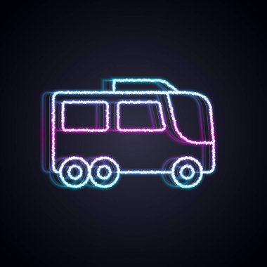 Parlayan neon hattı otobüs simgesi siyah arkaplanda izole edildi. Ulaşım konsepti. Otobüs turu nakliyesi. Turizm ya da kamu aracı sembolü. Vektör