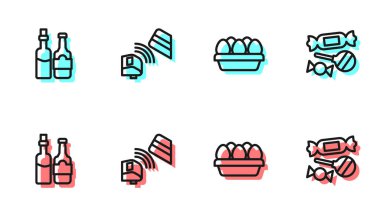 Tavuk yumurtası, viski şişesi, kredi kartı ve şeker ikonlu POS terminali. Vektör