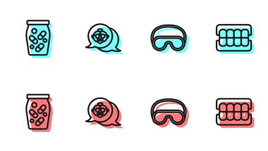 Göz maskesi, ilaç şişesi, haplar, büyükanne ve sahte çene simgesi. Vektör