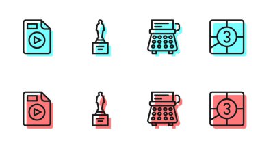 Satır çizgisi Retro daktilo, AVI dosya dökümanı, Movie kupası ve Eski Film gerisayımı kare simgesi. Vektör