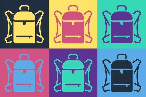 Pop art Hiking backpack icon isolated on color background. Camping and mountain exploring backpack. Vector — Stock Vector