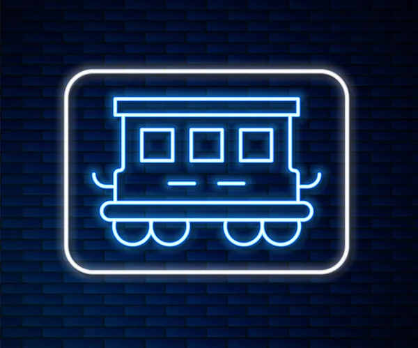 Leuchtende Neon-Linie Personenwagen Spielzeugikone isoliert auf Backsteinwand Hintergrund. Eisenbahnwaggon. Vektor — Stockvektor