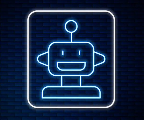 Glowing neon line Robot toy icon isolated on brick wall background. Vector — Stock Vector