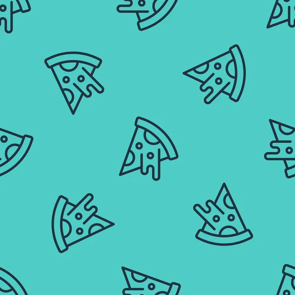 Black line Slice of pizza icon isoliert nahtlose Muster auf grünem Hintergrund. Fast Food Menü. Vektor — Stockvektor