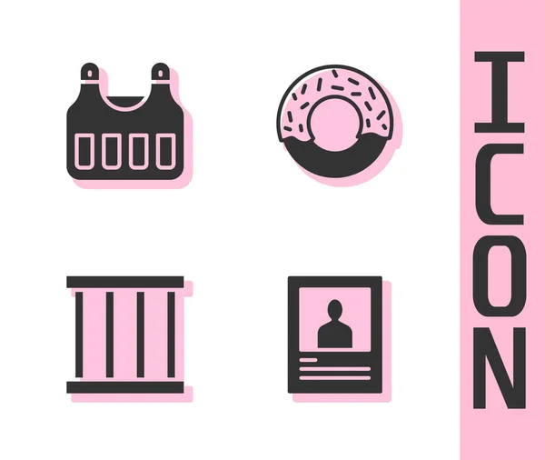 Set Affiche recherchée, gilet pare-balles, fenêtre de prison et icône Donut. Vecteur — Image vectorielle