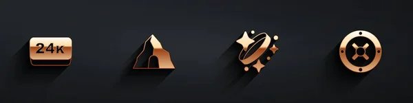 Conjunto de barras de oro 24k, mina, anillo y caja fuerte icono con sombra larga. Vector — Archivo Imágenes Vectoriales