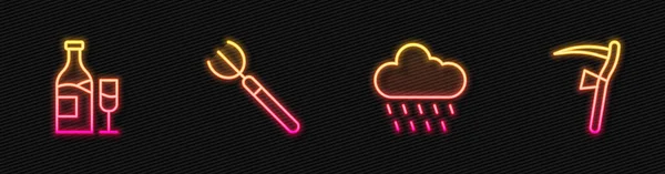 Set lijn Wolk met regen, Wijnfles glas, Tuinhooivork en Scythe. Een gloeiend neon icoon. Vector — Stockvector