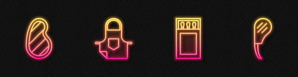 Set line Matchbox and matches, Steak meat, Kitchen apron and Rib eye steak. Glowing neon icon. Vector — Stock Vector