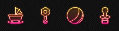 Saha çizgisi plaj topu, bebek arabası, bebek oyuncağı ve sahte emzik. Parlayan neon ikonu. Vektör