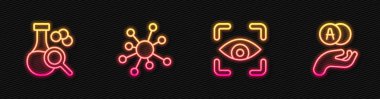 Çizgi göz taraması, test tüpü, molekül ve atomu ayarla. Parlayan neon ikonu. Vektör