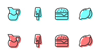 Set hattı Burger, sütlü sürahi bardağı, dondurma ve limon ikonu. Vektör