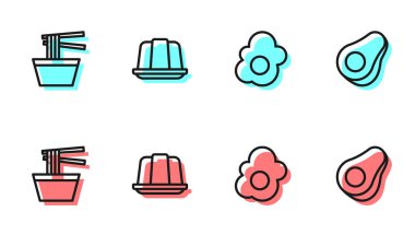 Sabit hat, çırpılmış yumurta, kasede Asya eriştesi, jöleli kek ve Avokado meyve ikonu. Vektör