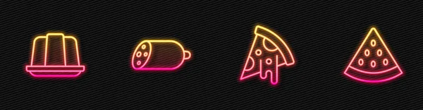 Set lijn Snijd pizza, Jelly cake, Salami worst en Watermeloen. Een gloeiend neon icoon. Vector — Stockvector