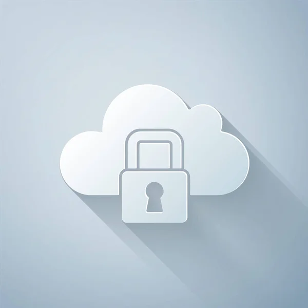 Papier gesneden Cloud computing lock pictogram geïsoleerd op grijze achtergrond. Beveiliging, veiligheid, beschermingsconcept. Bescherming van persoonsgegevens. Papierkunst stijl. Vector — Stockvector