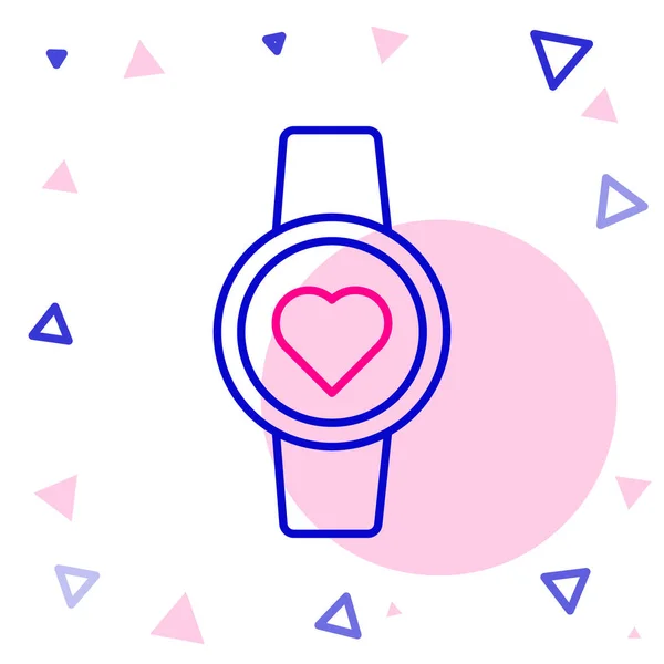 Line Smart watch pokazuje ikonę tętna na białym tle. Koncepcja aplikacji fitness. Kolorowy koncept. Wektor — Wektor stockowy