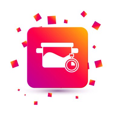 Beyaz arka planda izole edilmiş beyaz tencere ikonu. Haşlama ya da güveç besin sembolü. Kare renk düğmesi. Vektör