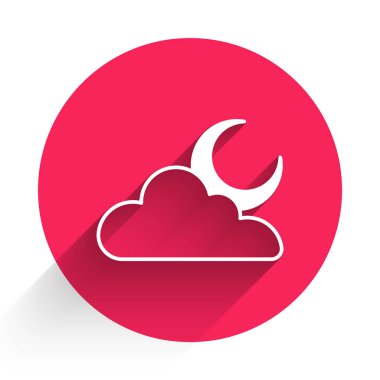 Uzun gölgeli, ay simgesi olan beyaz bulut. Bulutlu gece işareti. Uyku rüyalarının sembolü. Gece ya da yatak zamanı tabelası. Kırmızı daire düğmesi. Vektör