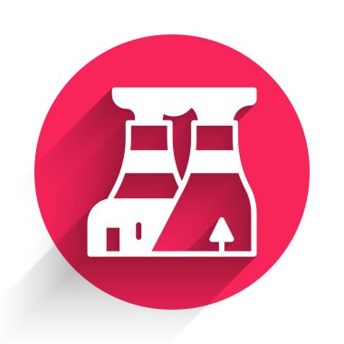 Beyaz Nükleer Santral ikonu uzun gölgeli izole edilmiş. Enerji endüstrisi konsepti. Kırmızı daire düğmesi. Vektör