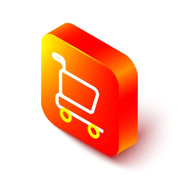 Línea isométrica Icono del carrito de compras aislado sobre fondo blanco. Concepto de compra en línea. Señal de entrega. Símbolo de cesta de supermercado. Botón cuadrado naranja. Vector — Vector de stock