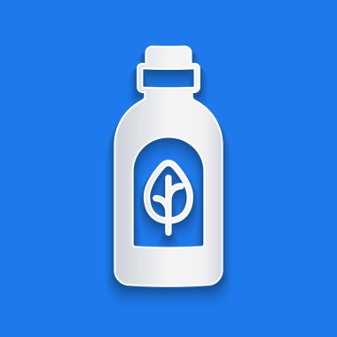 Kağıt kesiği temel yağ şişesi simgesi izole edilmiş kağıt kesiği arka plan. Organik aromaterapi özü. Cilt bakımı serumu cam bırakma paketi. Kağıt sanatı tarzı. Vektör