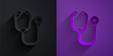 Kağıt kesiği, steteskop tıbbi alet simgesi. Mor arka planda siyah üzerine izole edilmiş. Kağıt sanatı tarzı. Vektör