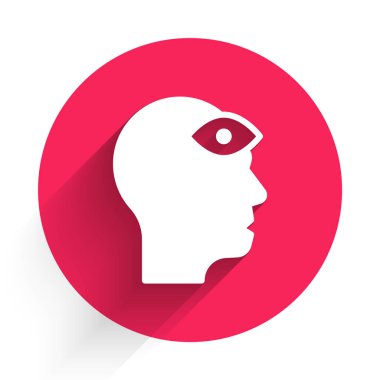 Üçüncü göz ikonuna sahip beyaz adam uzun gölgeyle izole edildi. Meditasyon konsepti, enerji vizyonu, aura. Kırmızı daire düğmesi. Vektör