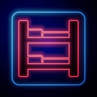 Parlayan neon otel odası yatak ikonu siyah arka planda izole edilmiş. Vektör