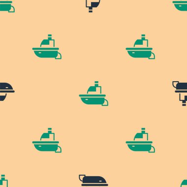 Yeşil ve siyah oyuncak tekne ikonu bej arka planda izole edilmiş pürüzsüz desen. Vektör