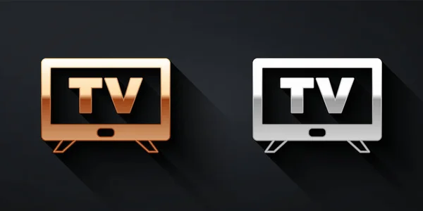 Smart-TV-Symbol in Gold und Silber isoliert auf schwarzem Hintergrund. Fernsehzeichen. Langer Schatten. Vektor — Stockvektor