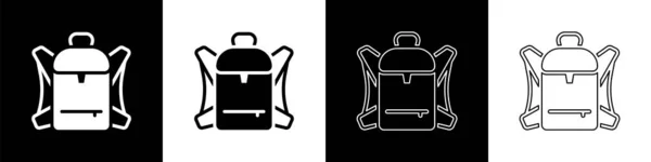 Definir Caminhadas ícone mochila isolado no fundo preto e branco. Camping e montanha explorando mochila. Vetor —  Vetores de Stock