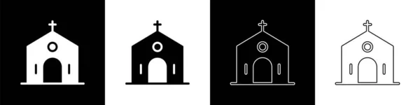 Set Church building icon isolated on black and white background. Christian Church. Religion of church. Vector — Stock Vector