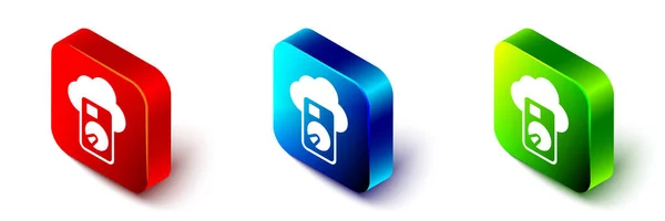 Isometrische Cloud database icoon geïsoleerd op witte achtergrond. Cloud computing concept. Digitale dienst of app met gegevensoverdracht. Rode, blauwe en groene vierkante knop. Vector — Stockvector
