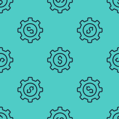 Dolar sembolü simgesi olan siyah çizgi dişlisi yeşil arka planda izole edilmiş pürüzsüz desen. İş ve finans kavramsal ikonu. Vektör