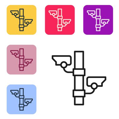 Siyah çizgi güvenlik kamerası simgesi beyaz arkaplanda izole edildi. Renkli kare düğmelerle simgeleri ayarla. Vektör