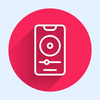 Beyaz çizgi müzik çalar simgesi uzun gölgeli izole. Taşınabilir müzik cihazı. Kırmızı daire düğmesi. Vektör