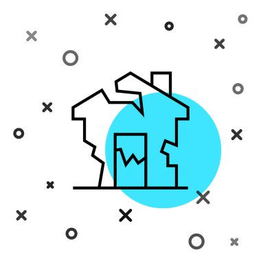 Siyah çizgi mahvolmuş ev simgesi beyaz arka planda izole edilmiş. Dağılmış ev. Derelict ev. Terk edilmiş ev. Rastgele dinamik şekiller. Vektör