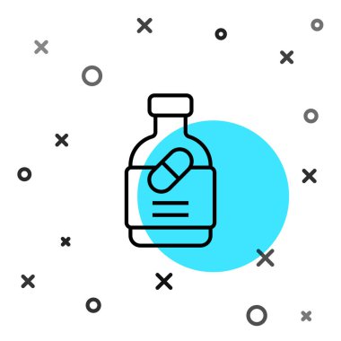 Siyah çizgi ilaç şişesi ve beyaz arka planda izole edilmiş hap ikonu. Şişe hapı işareti. Eczane tasarımı. Rastgele dinamik şekiller. Vektör