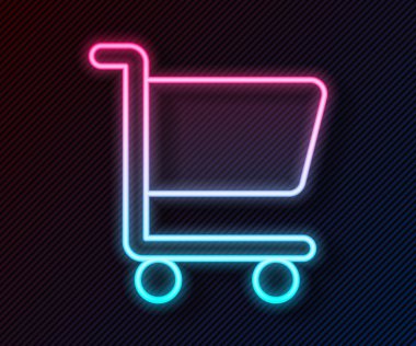 Parlayan neon hattı alışveriş arabası simgesi siyah arka planda izole edildi. İnternetten satın alma konsepti. Servis tabelası. Süpermarket sepeti sembolü. Vektör