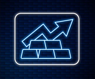Parlayan neon çizgisi Finans büyüme grafiği oku ve tuğla duvar arka planında altın külçeleri simgesi izole edilmiş. Finansal başarı kavramı. Altın yatırım konsepti. Vektör