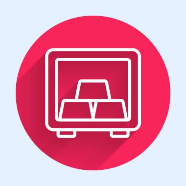 Beyaz hat. Altın külçeli, uzun gölgeli bir sembol. Bankada değerli metaller var. Metalik hazine. Güvenilir veri koruması. Kırmızı daire düğmesi. Vektör