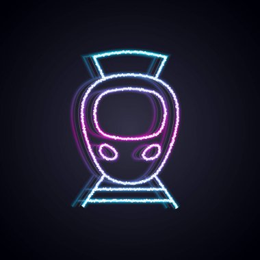 Parlayan neon hattı Tram ve demiryolu ikonu siyah arka planda izole edildi. Toplu taşıma sembolü. Vektör
