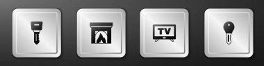 Otel kapısı anahtarı, şömine, akıllı televizyon ve ikon. Gümüş kare düğme. Vektör